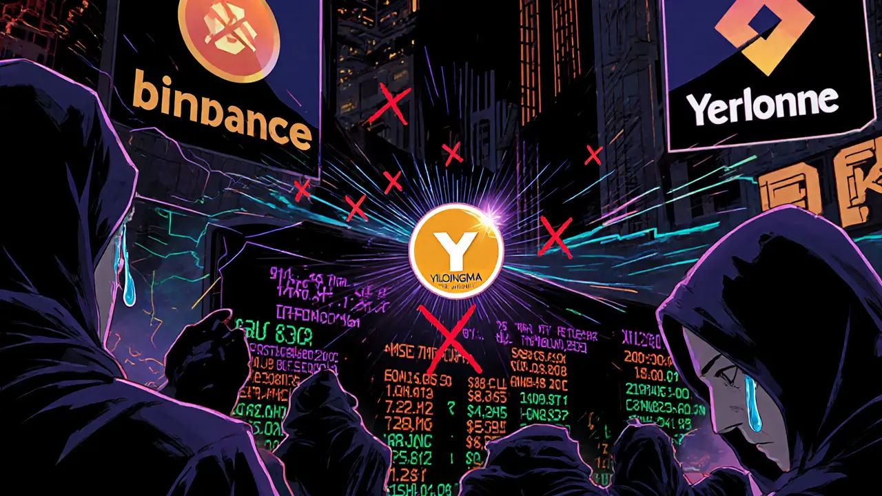 Bourse cryptographique chaotique avec le token YILONGMA en chute libre et des échanges majeurs interdits.