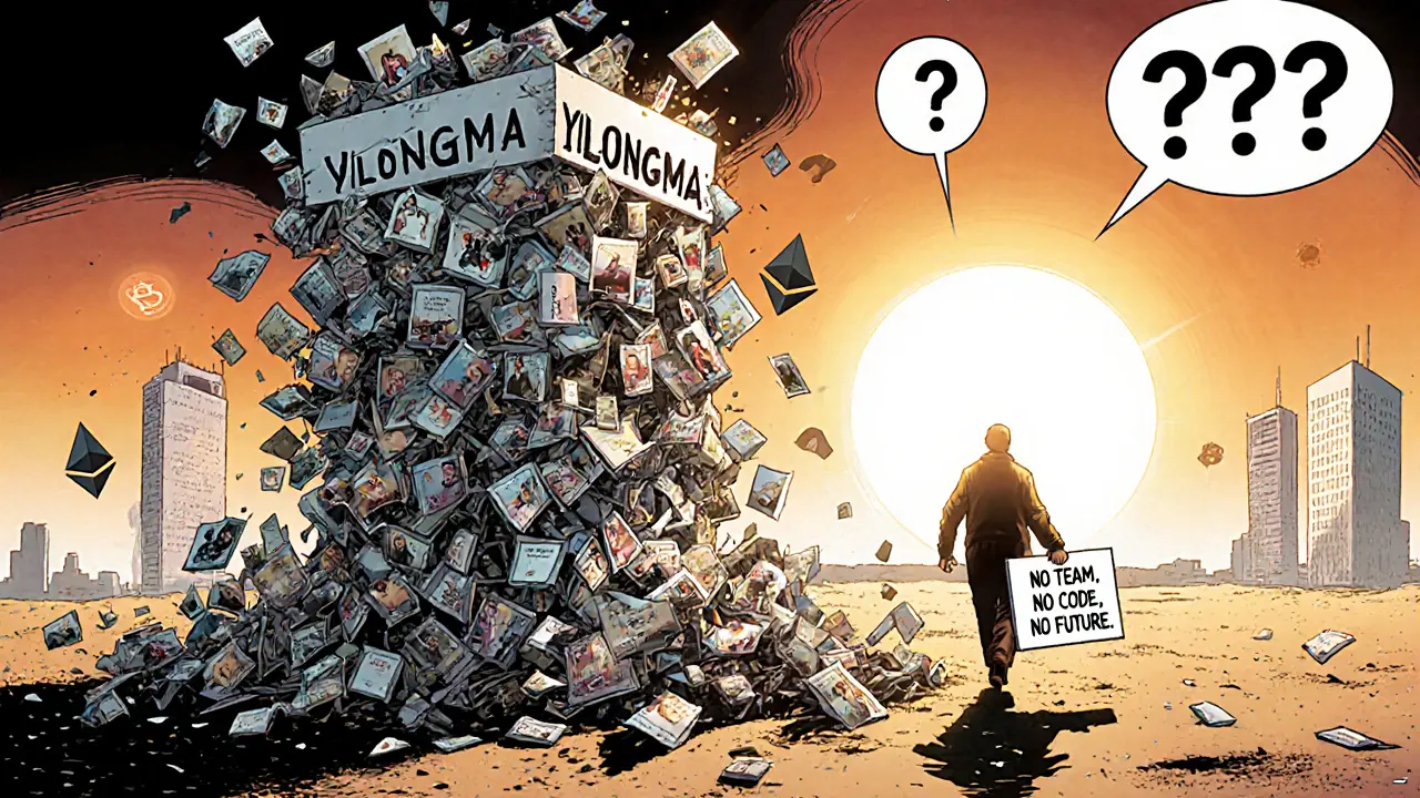 Tour blockchain en ruines faite de memes, tandis que d&#039;autres blockchains légitimes brillent à l&#039;horizon.