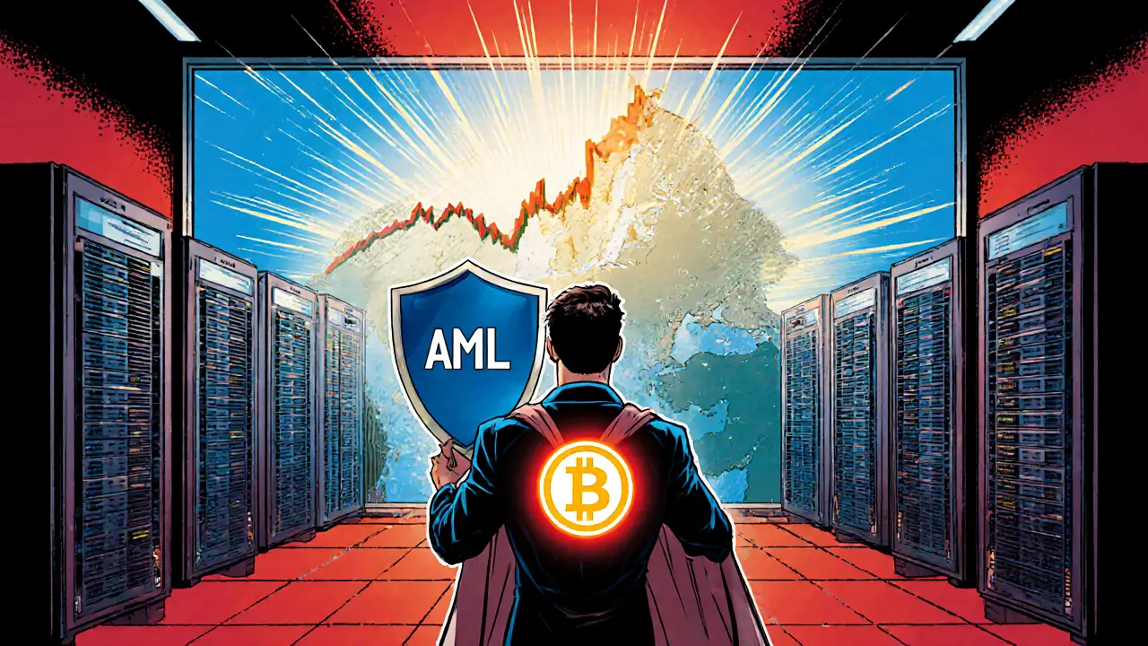 Bureau d&#039;échange crypto européen avec un agent montrant une licence MiCA, bouclier AML et graphique Bitcoin en hausse.