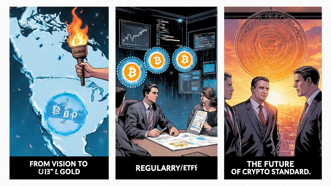 Carte montrant le Canada passant le flambeau du Bitcoin spot aux États‑Unis, futurs ETF illustrés.