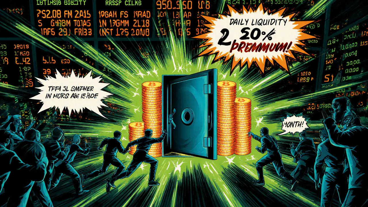 Coffre froid plein de Bitcoin et investisseurs se précipitant vers un tableau de suivi des volumes.