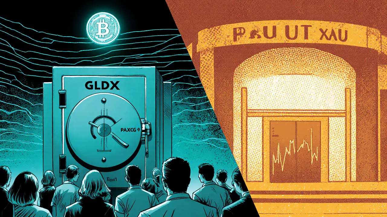 Comparaison en deux panneaux : GLDX avec petite bourse, PAXG/XAUT avec grande arène et coffres.
