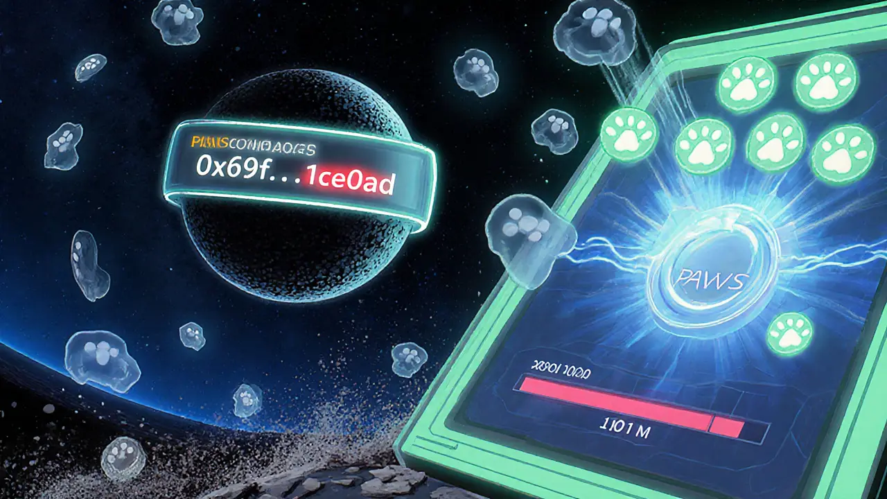 Contrat blockchain vide de BABYDB dissous dans la poussière, tandis que PAWS brille en avant-plan.