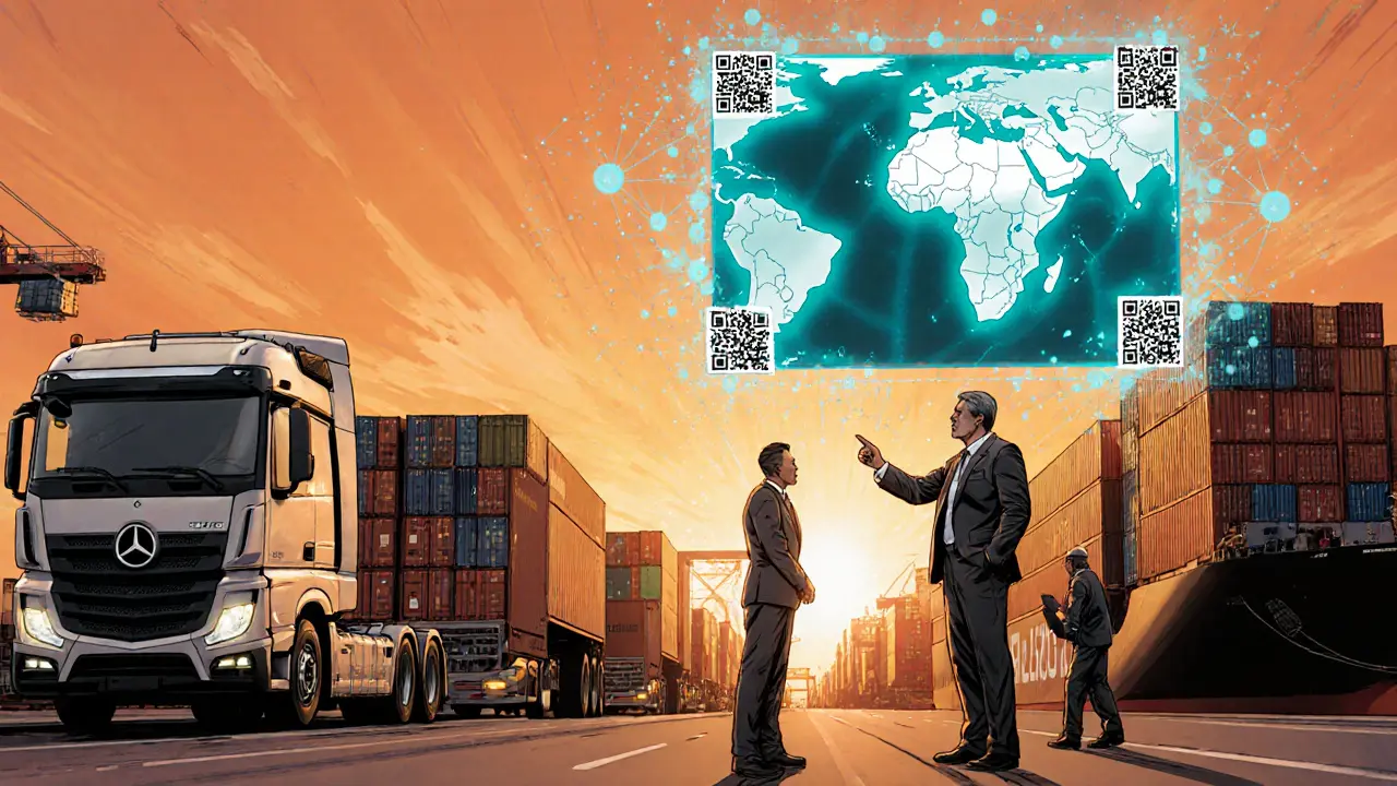 Des camions douaniers égyptiens affichant un hologramme de registre blockchain pour le suivi des marchandises.