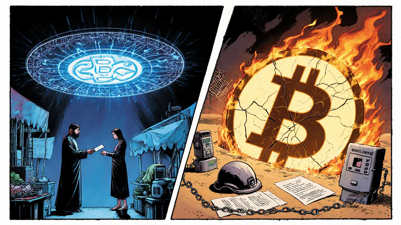 Divide numérique : une monnaie numérique d&#039;État sécurisée à gauche, un Bitcoin détruit à droite, dans un paysage désertique.