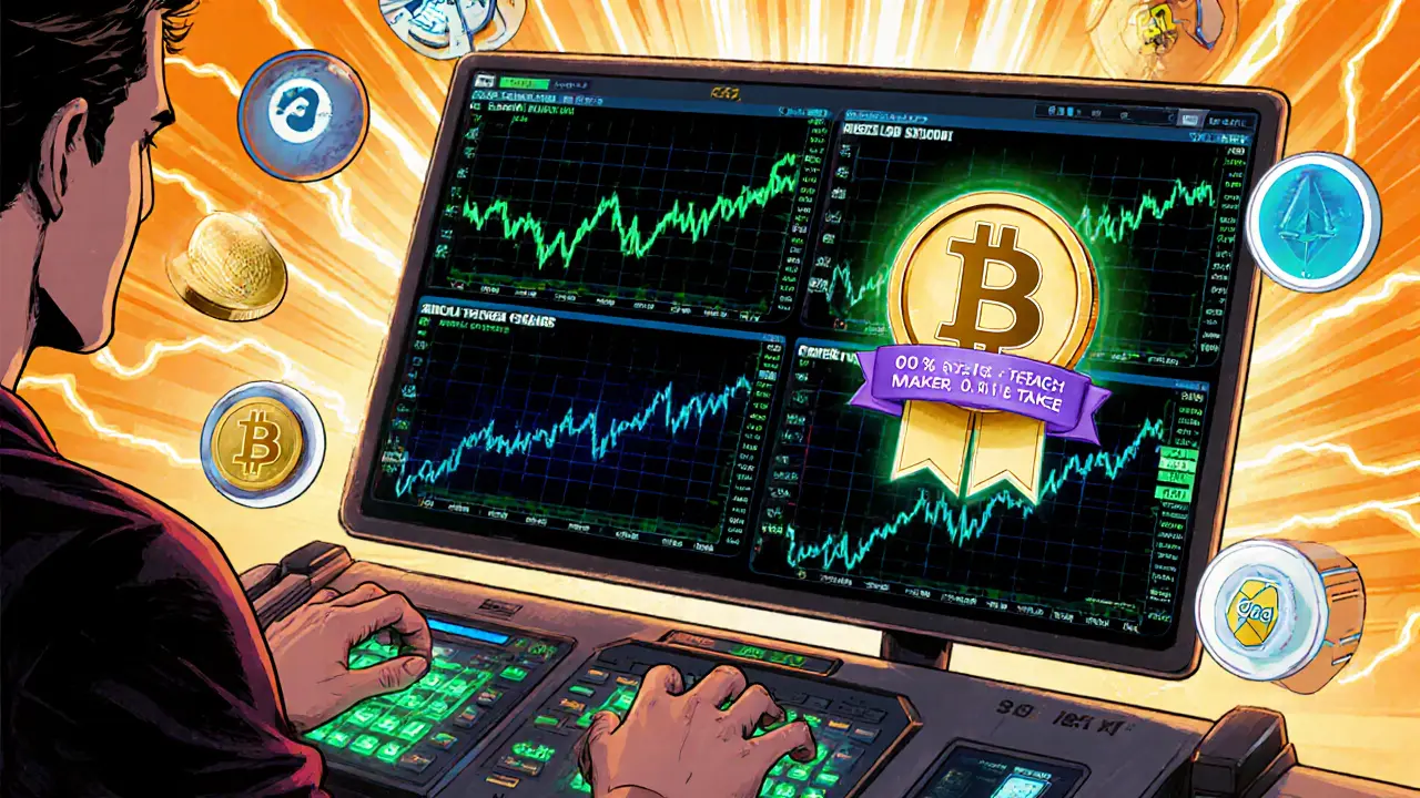 Héros du trading affichant graphiques Bitcoin, Ethereum, Waves avec frais 0 %/0,1 %.