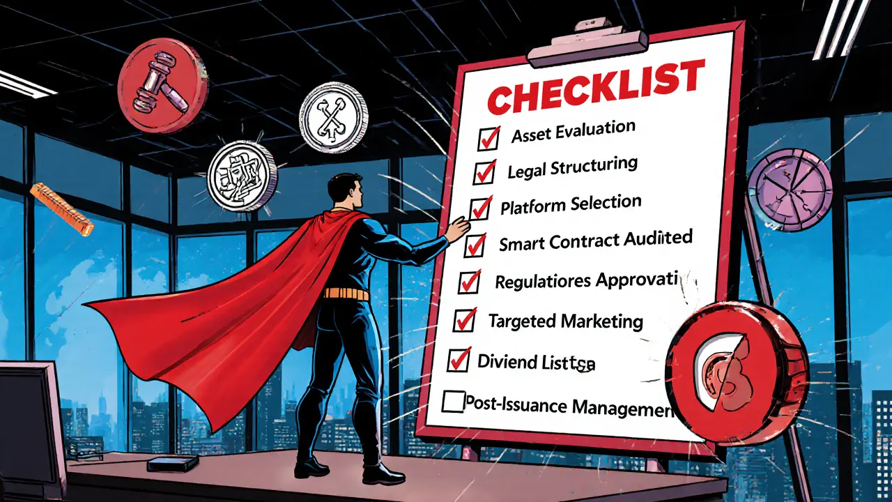 Héros en tenue de super‑investisseur cochant une checklist de lancement d’une STO, avec icônes d’avantages et de risques.