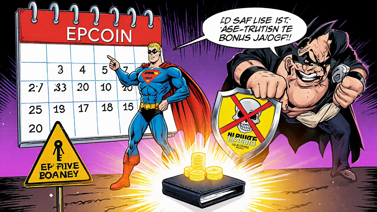 Héros EPCOIN avertissant des arnaques, montrant un calendrier et un portefeuille contenant 0,5 EPCOIN + bonus.