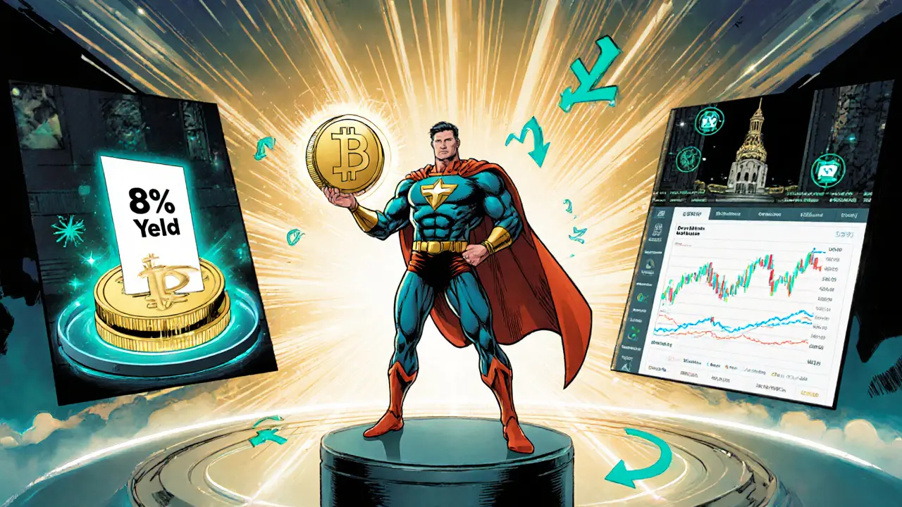 Héros tenant un jeton PTD, illustrant le staking, le vote et le trading.