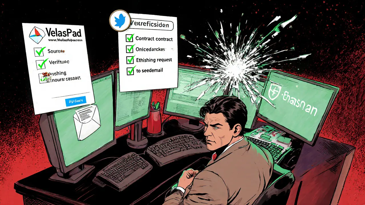 Héros vérifie les sources officielles et la contract adresse, cochant une liste de sécurité contre le phishing.