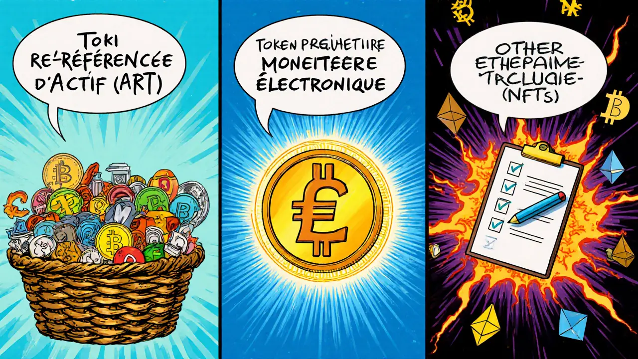Illustration des trois catégories de tokens : stablecoins ART, EMT et autres crypto comme Bitcoin et NFT.