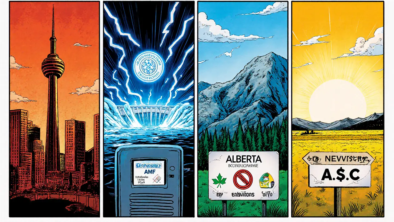 Illustration en style bande dessinée des exigences crypto pour l’Ontario, le Québec, la Colombie‑Britannique et l’Alberta.