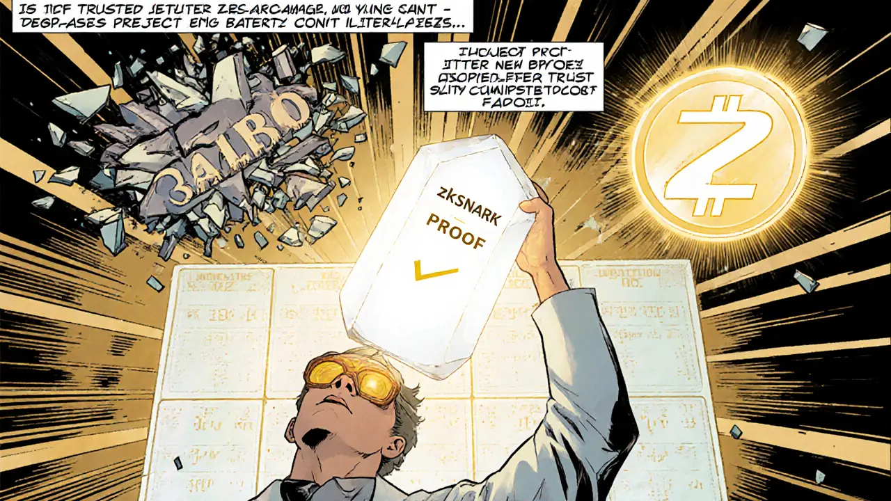 Image BD d’un scientifique Zcash présentant une preuve zk‑SNARK sous forme de cristal, avec Halo 2 éliminant le trusted setup.