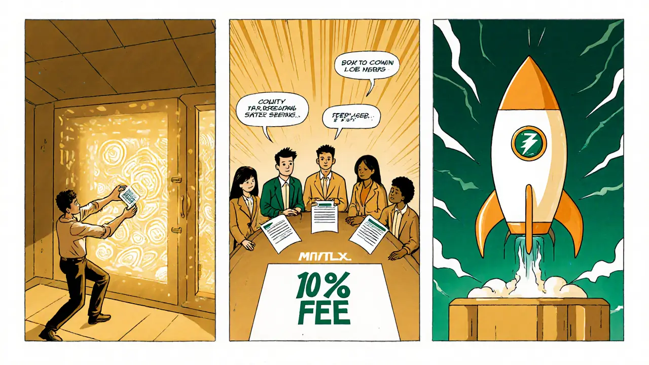 Image de bande dessinée représentant des détenteurs de MTLX qui misent leurs tokens, votent et lancent un projet.