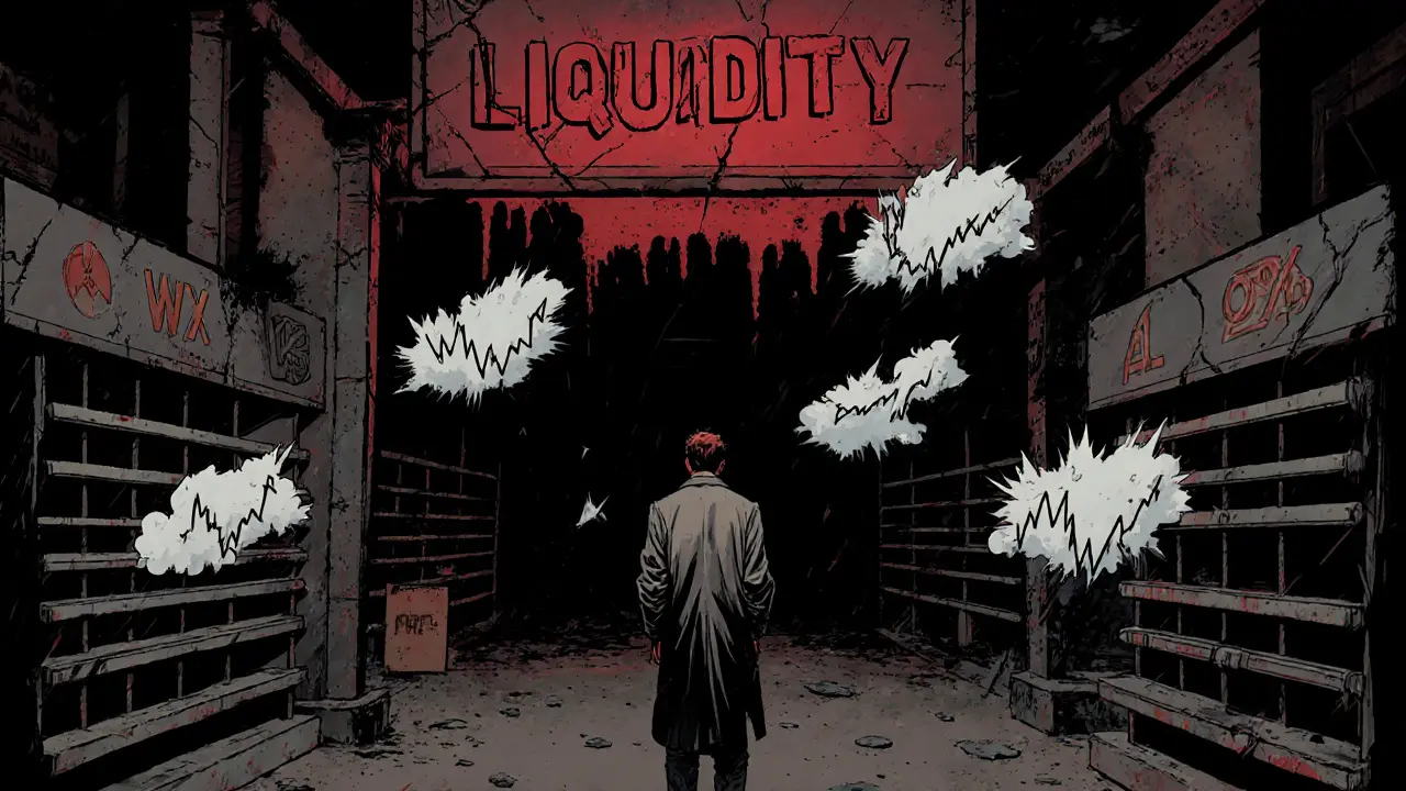 Investisseur incertain face à un marché de WXTM presque vide, dans une ambiance de bande dessinée.