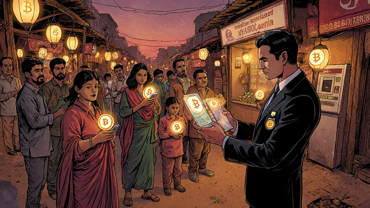 Marché pakistanais où des habitants utilisent des smartphones pour des transferts de stablecoins.