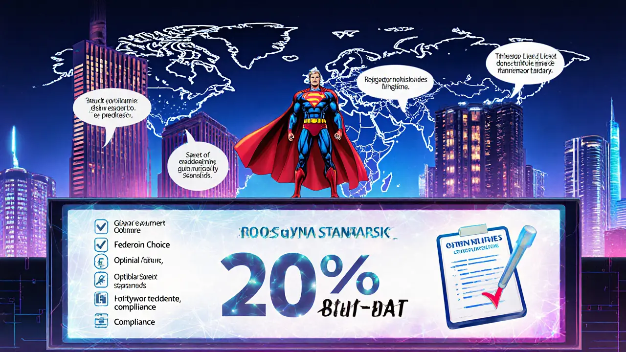 Paysage futuriste avec des symboles de régulation, un héros stablecoin et une carte mondiale reliée.