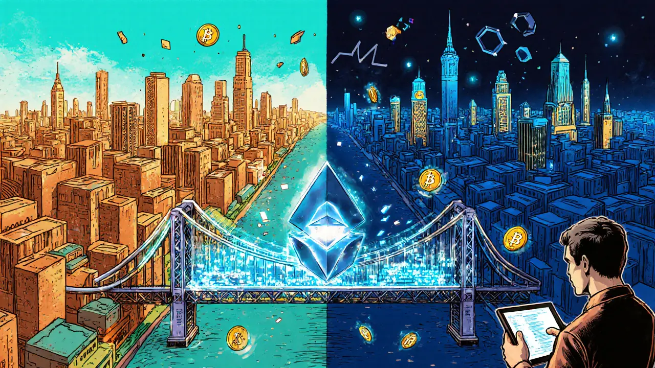 Pont de code relie la ville Tari à la métropole Ethereum, illustré en bande dessinée.