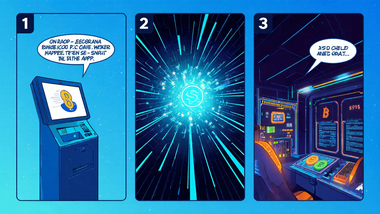 Processus en trois panneaux montrant la conversion fiat‑stablecoin, le transfert sur Solana et la reconversion.