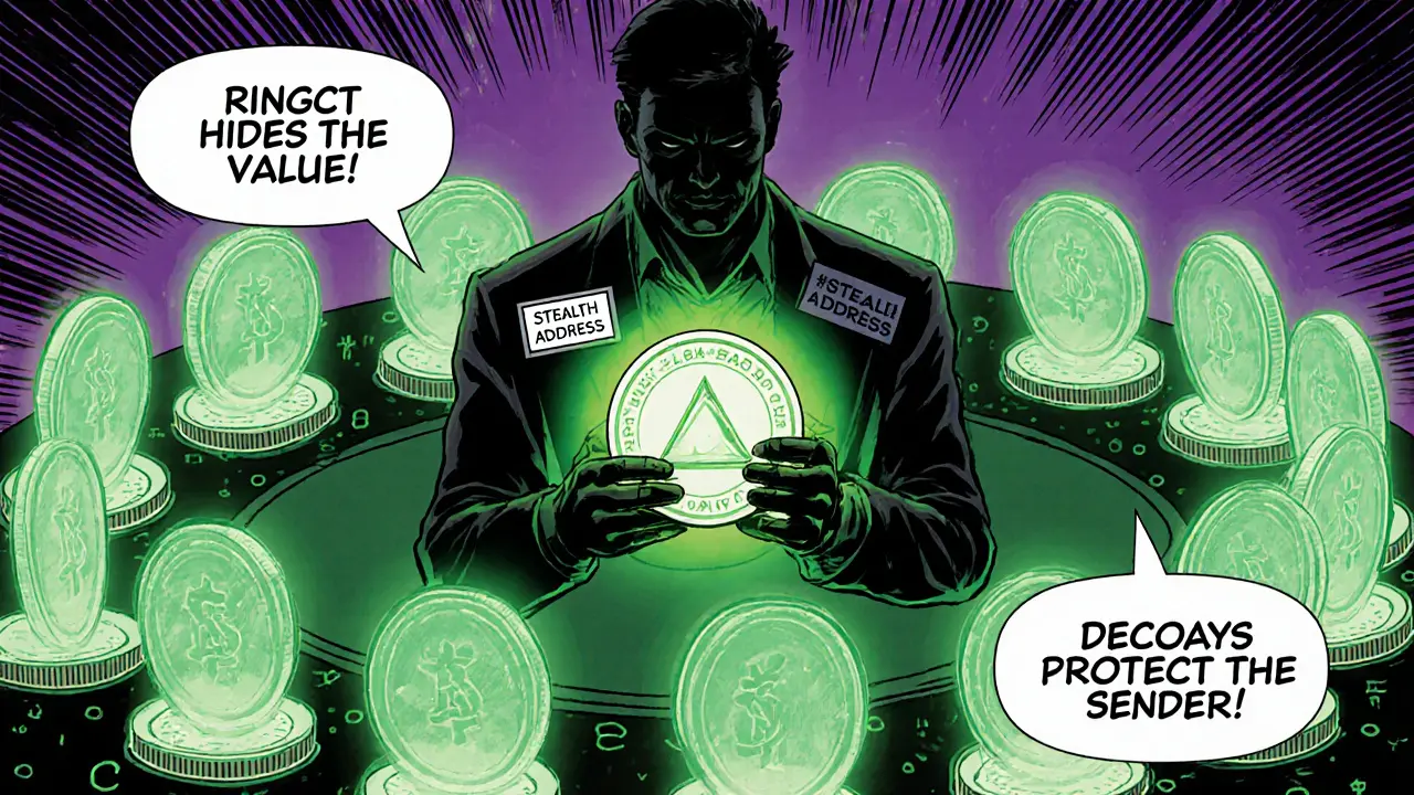 Scène BD d’une transaction Monero avec adresse furtive, decoys en cercle et montants masqués par RingCT.