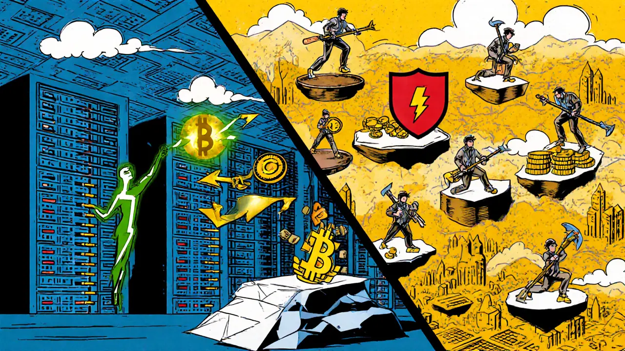 Scène comparant un centre de données avec Raft et une blockchain avec validateurs, en style comic.