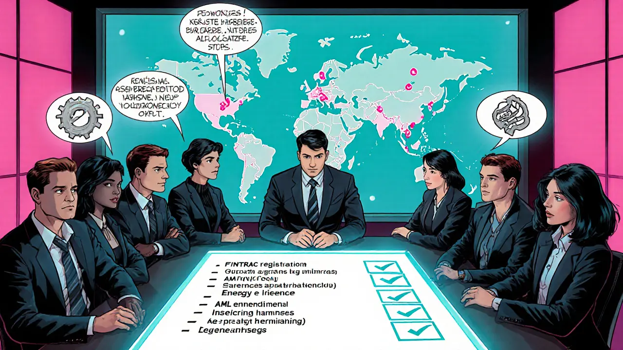Scène de bande dessinée d’une réunion futuriste présentant une checklist de conformité crypto au Canada.