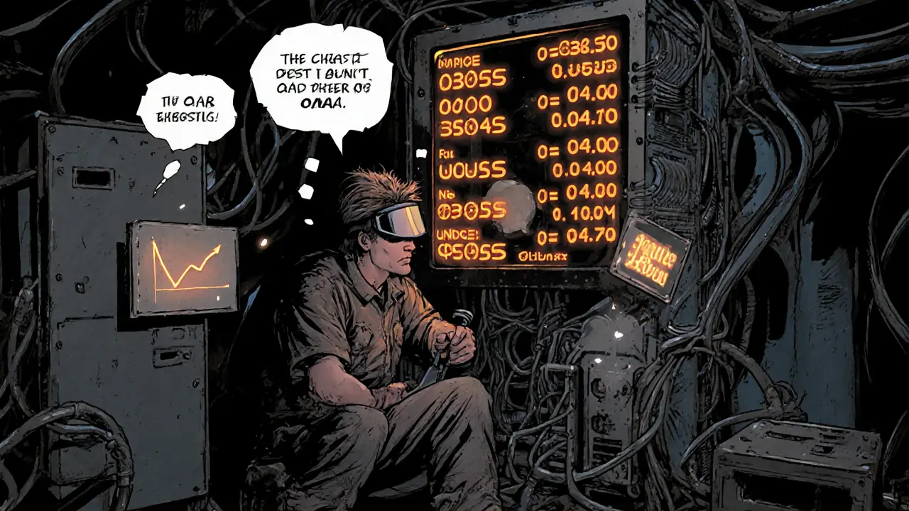 Scène de minage PoW montrant un rig sombre et prix VIVO très bas.