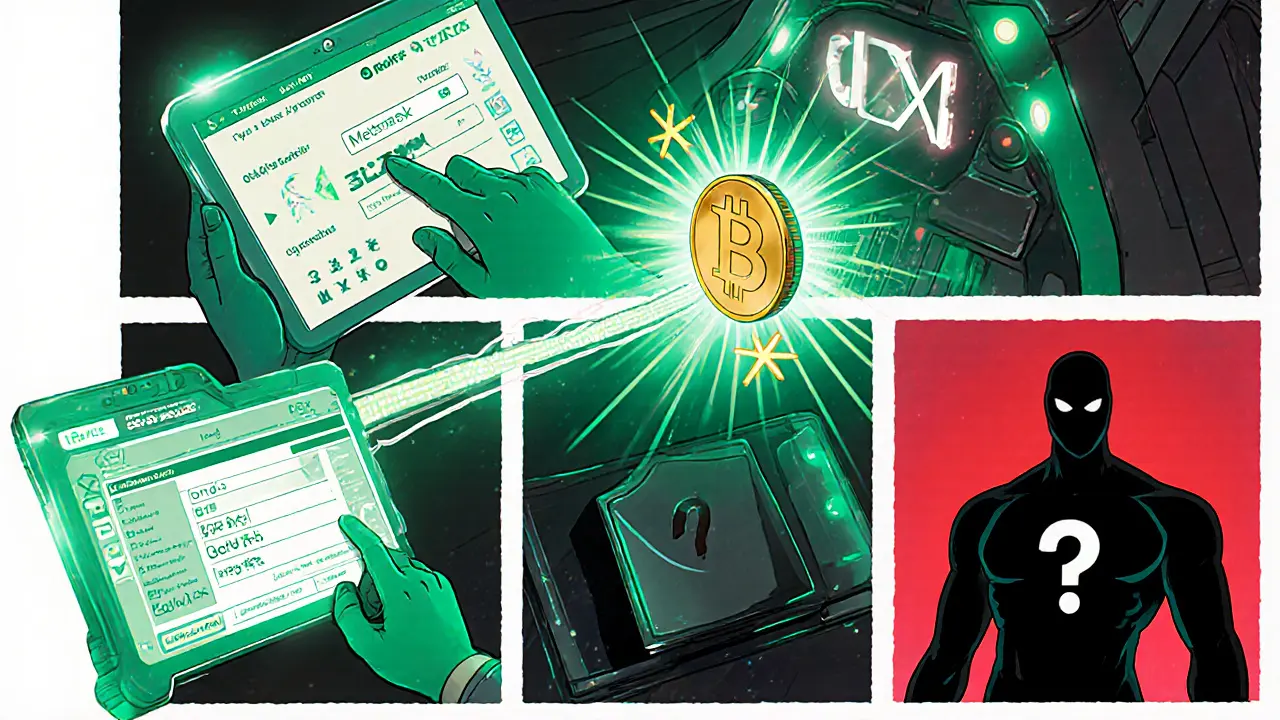 Série de vignettes montrant l’achat du GLDX, le transfert vers un hardware wallet et les risques.