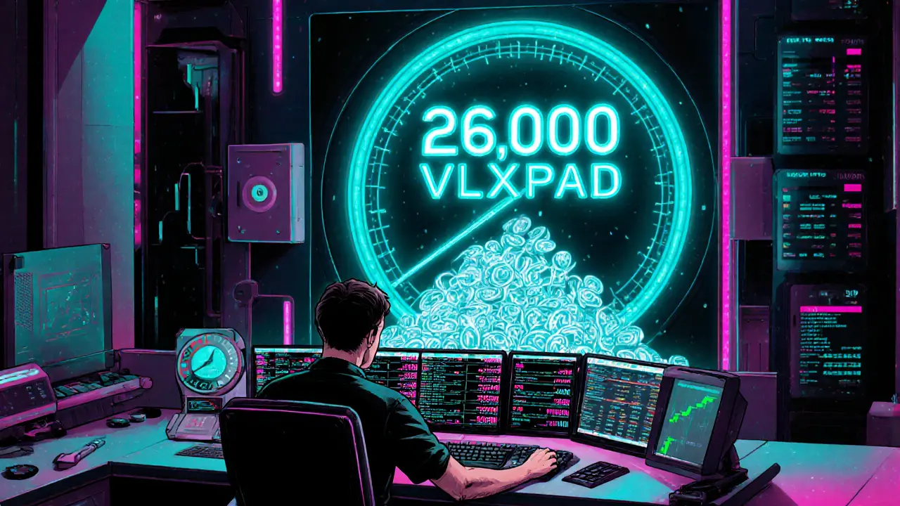 Trader sur MEXC échange VLXPAD/USDT, affichant le volume requis et la récompense de 26 000 VLXPAD.