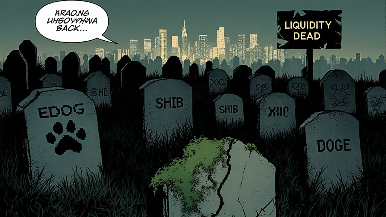 Un cimetière numérique avec des tombes de cryptomonnaies oubliées, dont EDOG est la seule effacée.