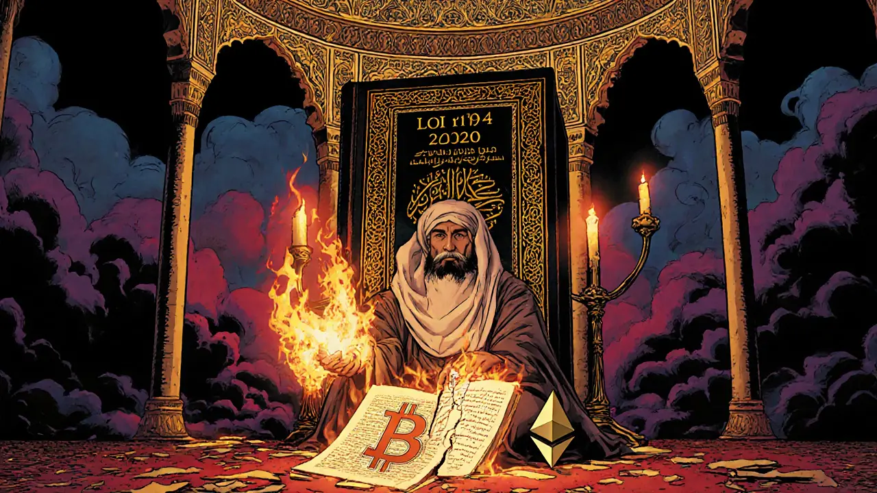 Un conseil religieux émet une fatwa déclarant les cryptomonnaies haram, entouré de symboles crypto brisés.