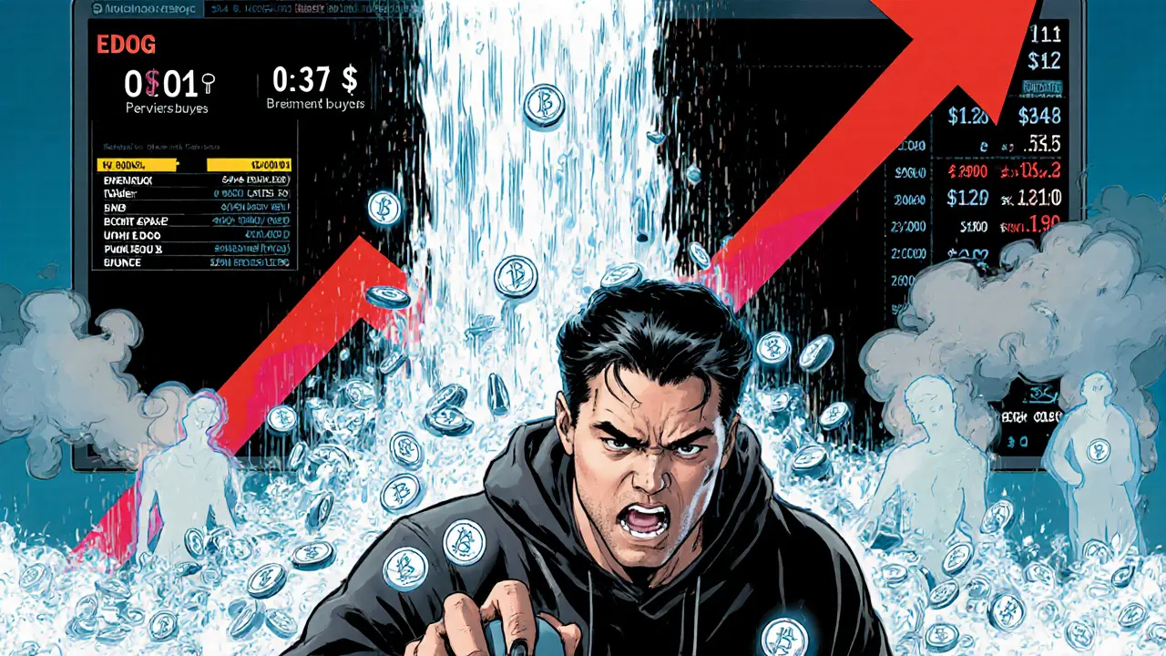 Un trader paniqué entouré de jetons EDOG qui s’effondrent, avec un graphique en chute libre.