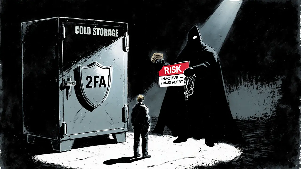 Utilisateur face à un coffre froid, bouclier 2FA, avertissement d’inactivité et fraude.