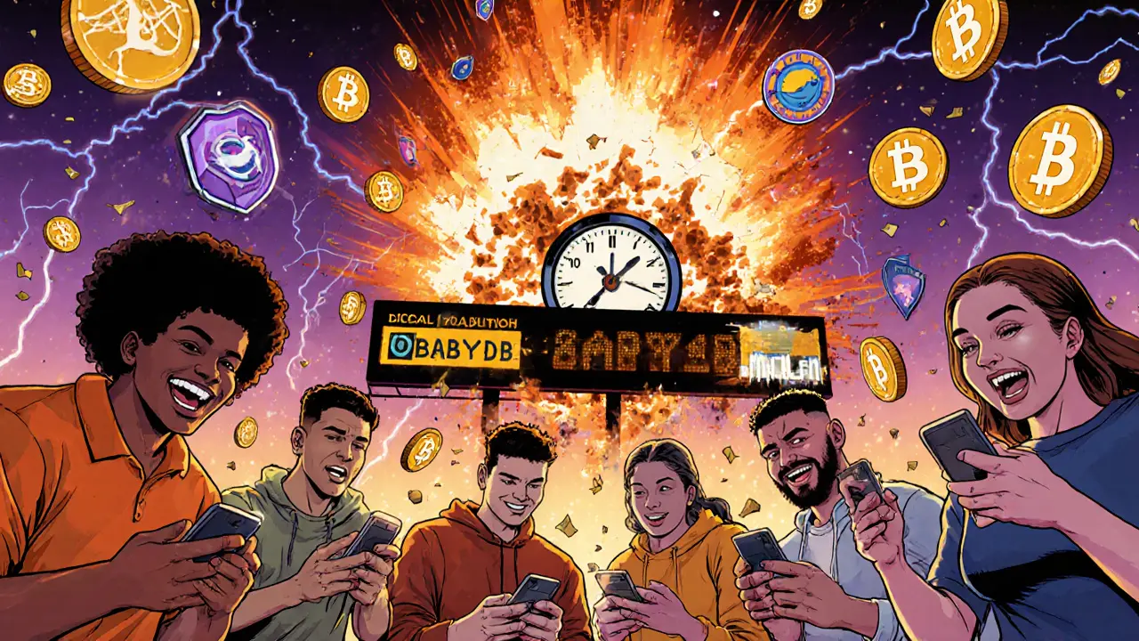 Utilisateurs jouant à PAWS dans un monde numérique coloré, un billboard BABYDB en flammes au fond.