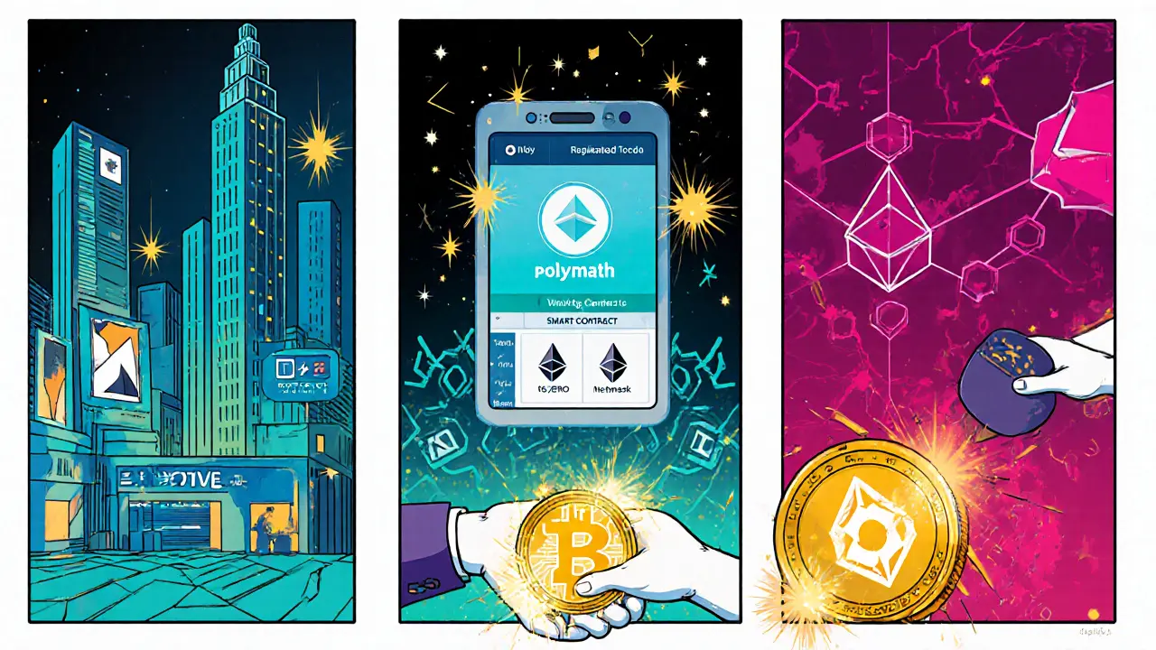 Vignettes de bande dessinée illustrant les sept éléments clés d’une STO, comme le token, la blockchain et le portefeuille.