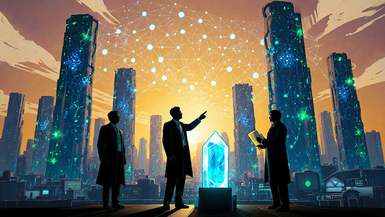 Ville futuriste du Pakistan avec des tours blockchain et des experts observant des hologrammes.