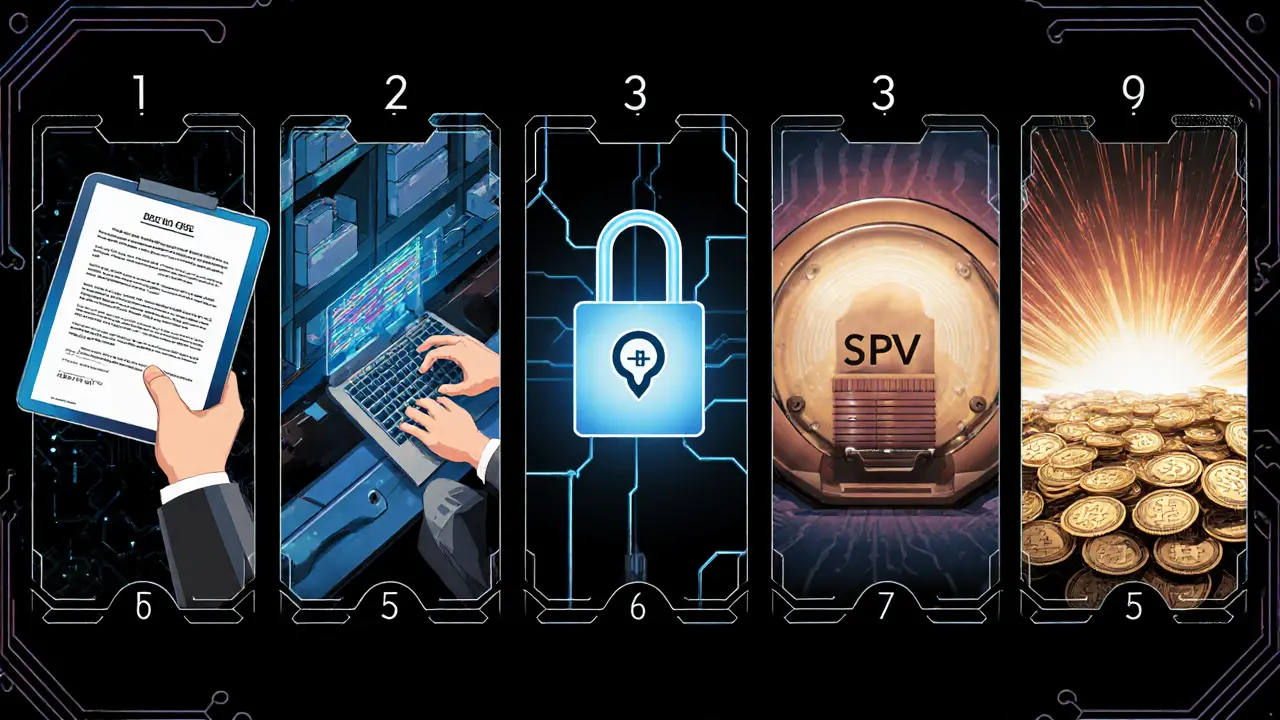 Cinq vignettes illustrant les étapes de la tokenisation : contrat intelligent, oracle Chainlink, coffre-fort SPV et jetons en création.