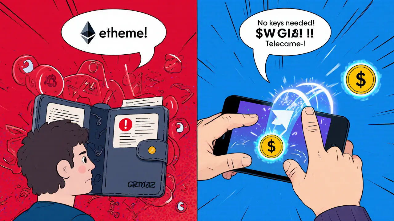 Comparaison en bande dessinée : complexité d&#039;un wallet Ethereum vs simplicité de WATCoin sur Telegram.