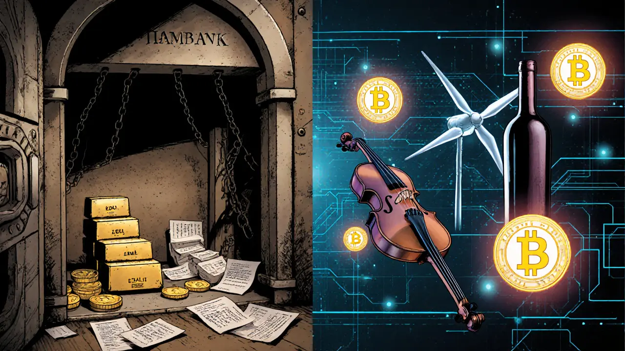 Comparaison en deux panneaux : une cave bancaire traditionnelle contre une interface blockchain connectée à des actifs physiques.