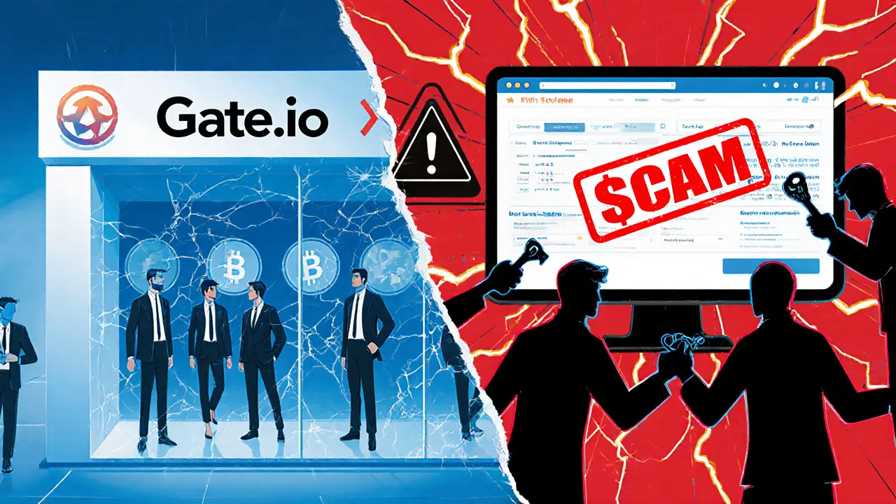 Comparaison visuelle entre un échange crypto légitime et une copie frauduleuse.