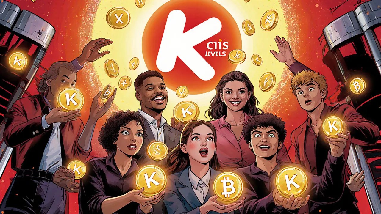 Des utilisateurs recevant des dividendes quotidiens en KCS, avec des niveaux de fidélité K1 à K5 en arrière-plan.