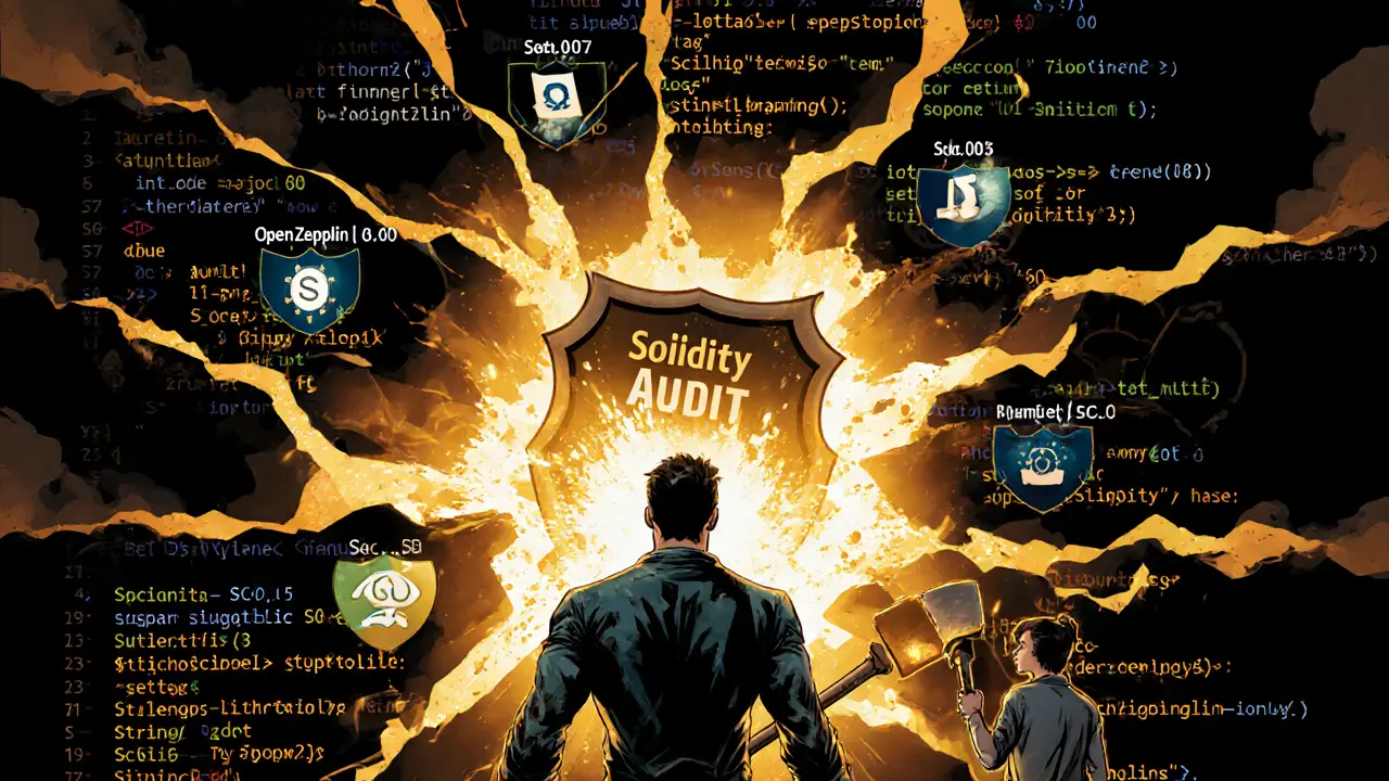 Développeur détruisant des vulnérabilités de contrat avec un marteau d&#039;audit, protégé par des bonnes pratiques.