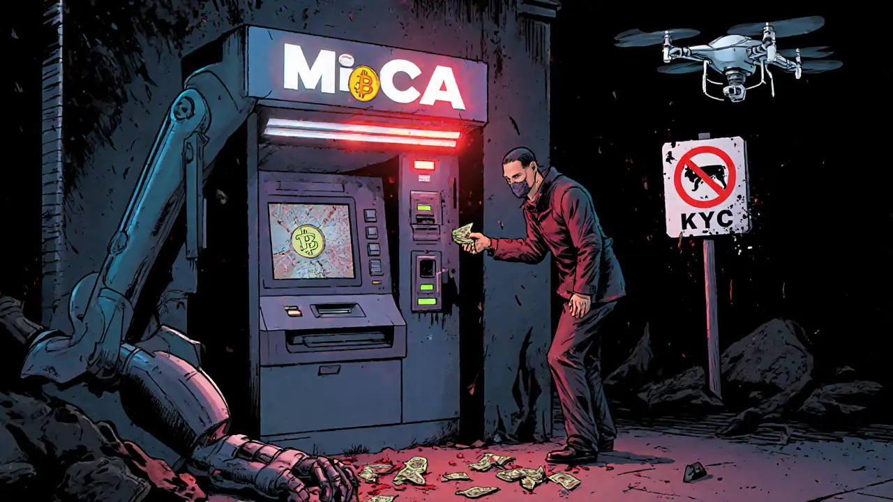 Distributeur Bitcoin bloqué par un scanner biométrique pendant une tentative de blanchiment.