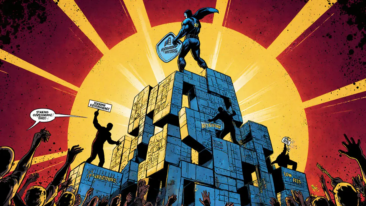 Héros sur une tour de jetons EGLD, combattant des chasseurs d&#039;airdrop.