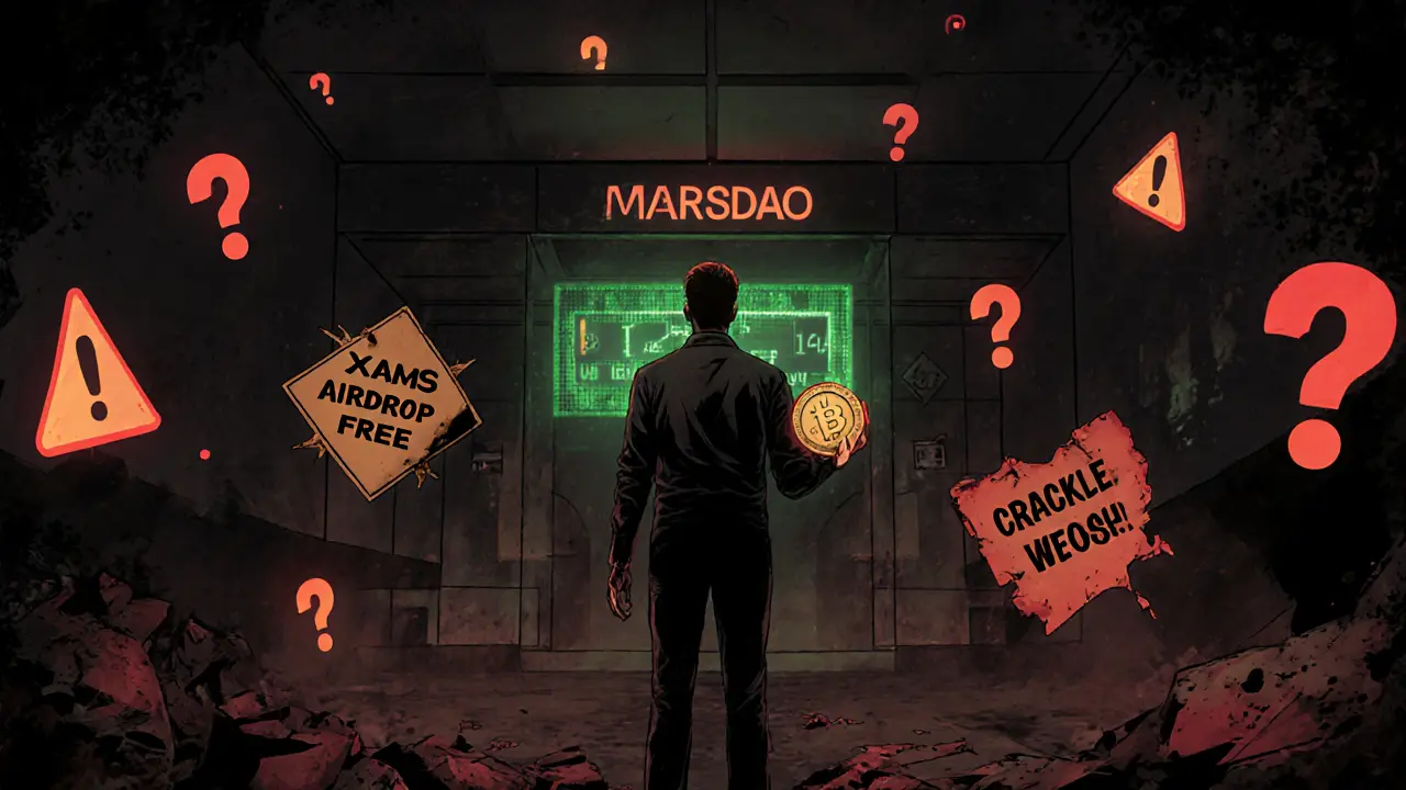 Investisseur hésitant tenant un jeton XMS entouré de signaux d&#039;avertissement et d&#039;une interface de gouvernance distante.