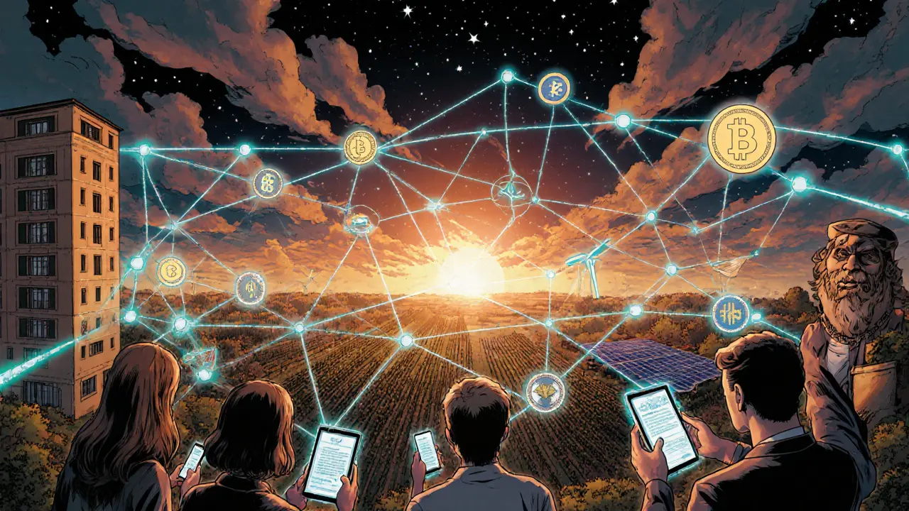 Réseau mondial d&#039;actifs tokenisés — immeubles, panneaux solaires et vignobles — reliés par des fils numériques brillants traversant les continents.