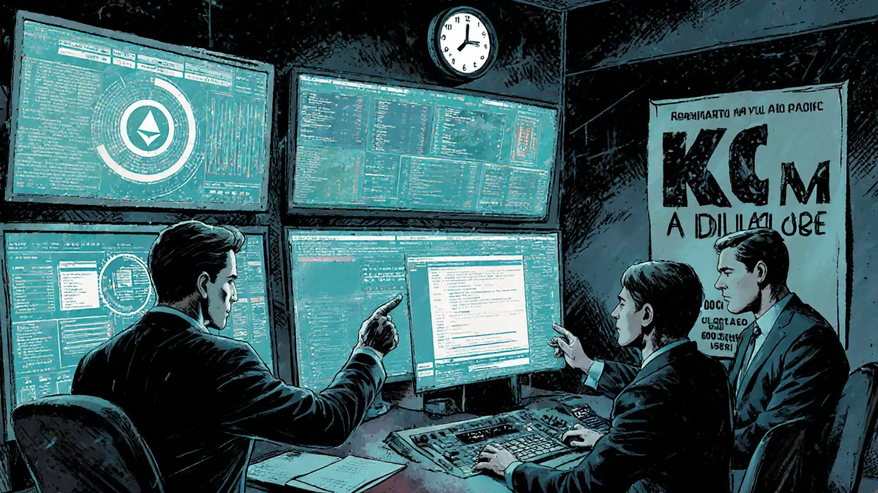 Salle de contrôle d&#039;échange crypto avec des analystes surveillant des alertes AML en temps réel.