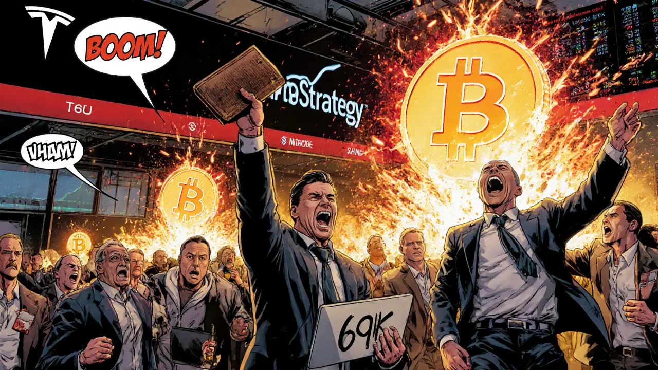 Scène de trading chaotique en 2021 avec des investisseurs et des graphiques explosifs en style comic book.