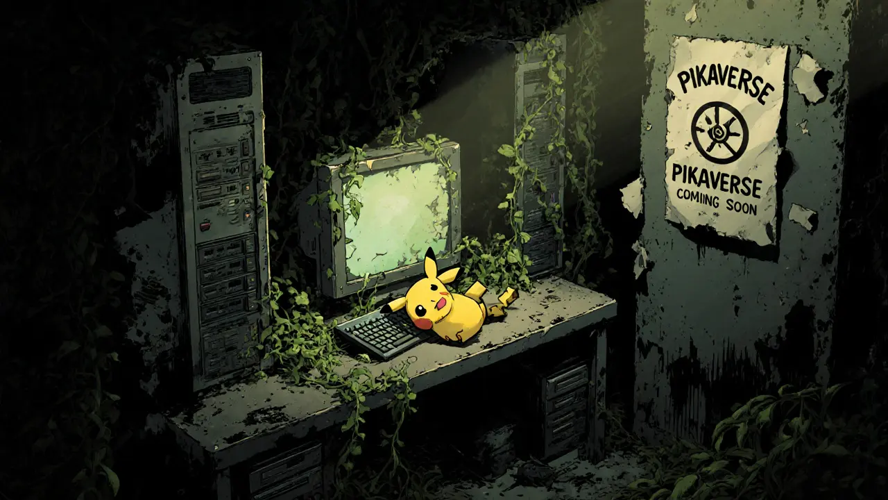 Terminal de jeu abandonné avec un NFT Pikamoon oublié sur un écran poussiéreux, des lianes envahissent la pièce.