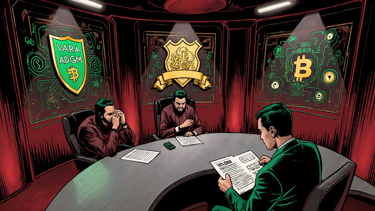 Trois autorités réglementaires crypto à une table, un fondateur présente ses documents dans une salle high-tech.